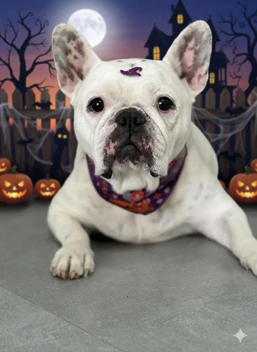 Bulldog da PomPom em cenário de Halloween